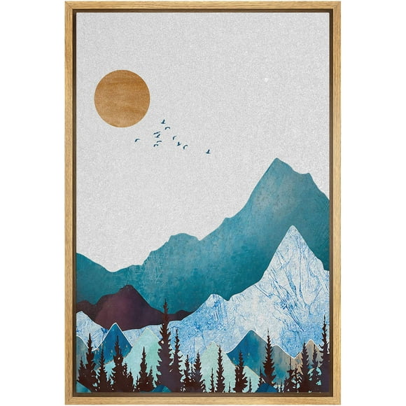 SIGNFORD Framed Canvas Print Wall Art Blue Mountains with Granite Effect & Sun Abstract Wilderness Illustrations Modern Art Contemporary Scenic for Living Room, Bedroom, Office - 16"x24" Natural