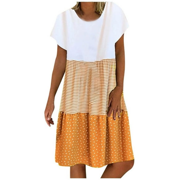 fartey Sundresses for Women 2023 Trendy Stripe Dot Print Loose Fit Mini Dress Lounge Crew Neck Short Sleeve Dresses, S-5XL