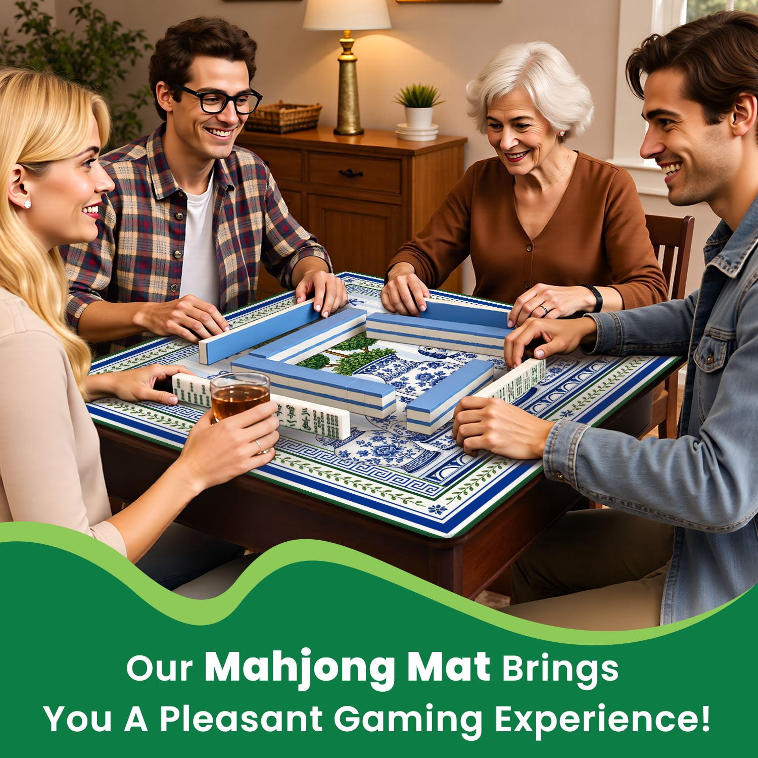 Mahjong Mat 31.5" x 31.5" Chinoiserie Chic Topiary Blue White Dogs Green Urns Non-Slip Noise Reduction Mahjong Tiles Table Cover for Dominoes Poker Card Board and Tile Games