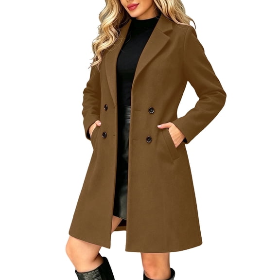 QIYAGBSA Double Breasted Peacoats for Women Notch Lapel Mid Length Wool Look Long Sleeve Coat with Pockets for Fall Winter Cold Days