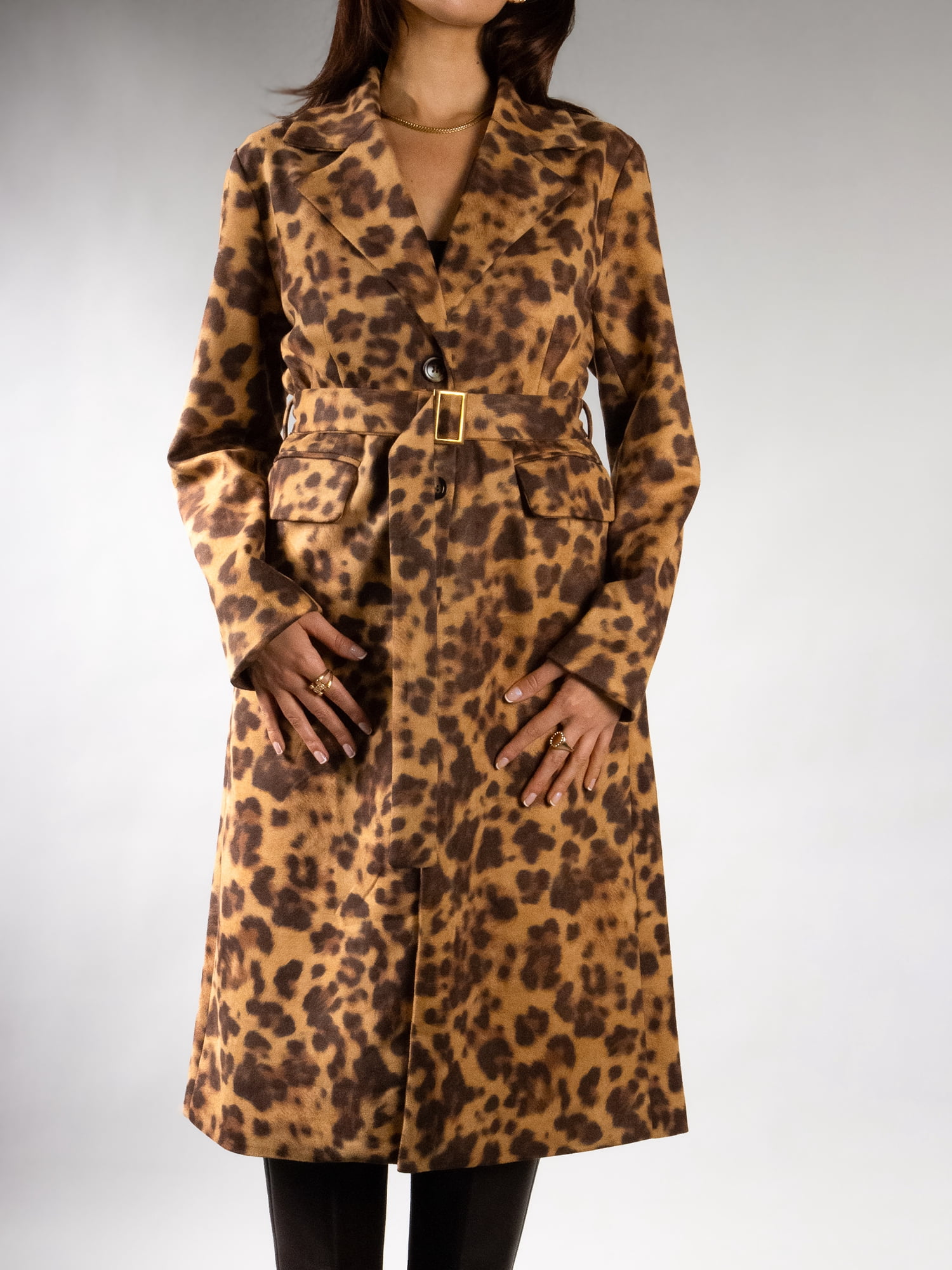 DARING DIVA Women's Fashionable Animal Print Trench Coat S Brown