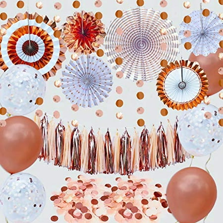 34pcs Rose Gold Party Decorations Kit Hanging Paper Fans Latex Balloons Tassel Garlands for Birthday Party Supplies Wedding Bridal Shower Xmas New Year Festival Bachelorette Table & Wall Decorations