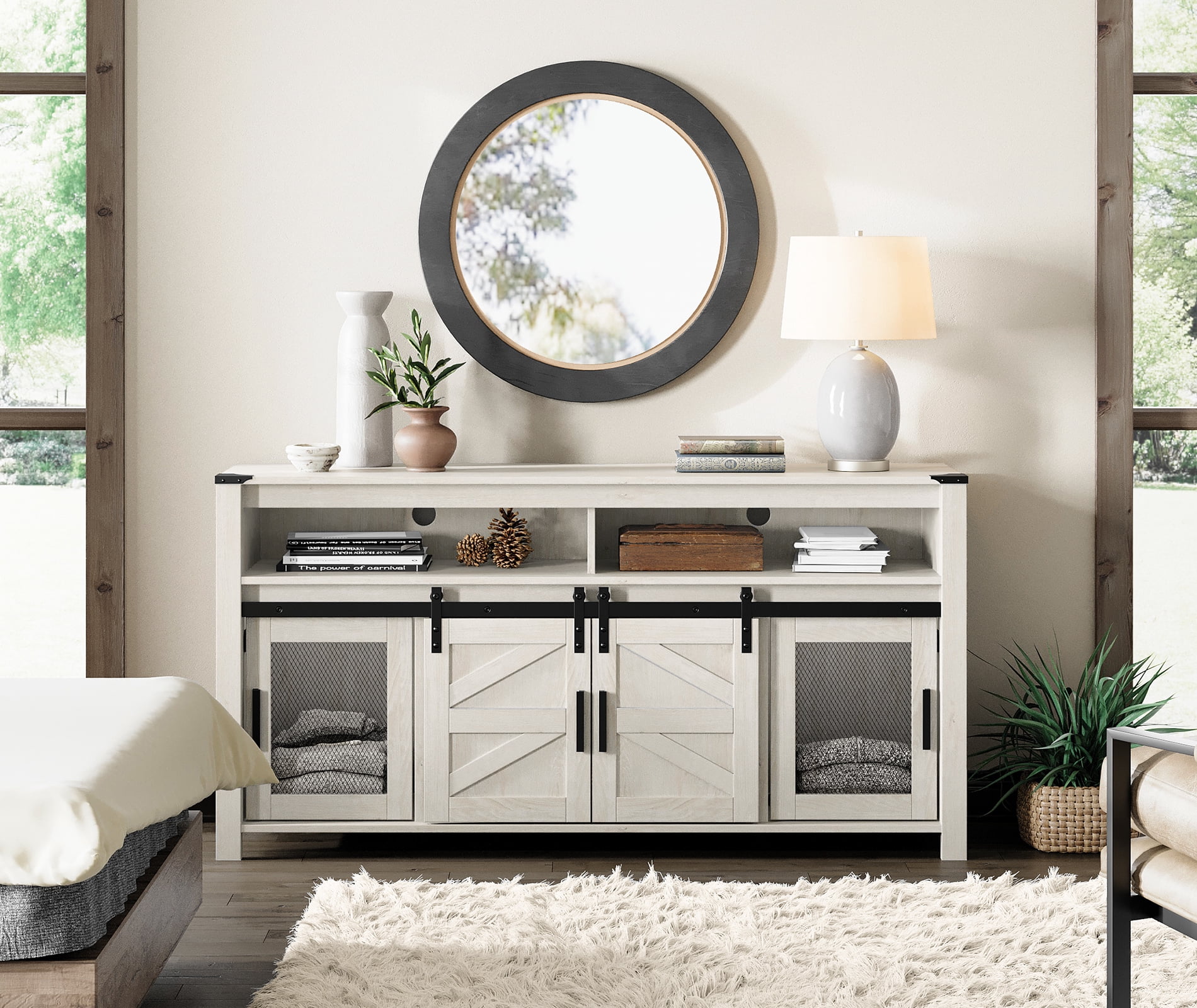 TV Stand Farmhouse Entertainment Center for TVs Up to 65 inch, Wood TV Media Console Table Cabinet Storage with Sliding Barn Doors for Living Room, Antique White