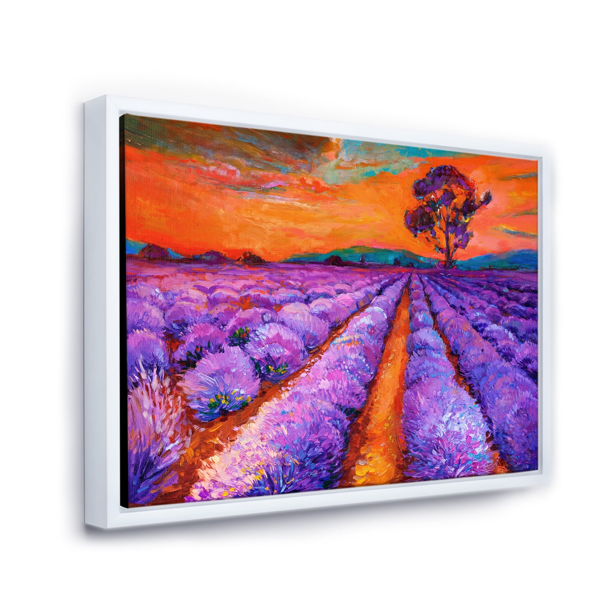 Designart 'An Orange Sunset Over Purple Lavender Fields I' Farmhouse Framed Canvas Wall Art Print