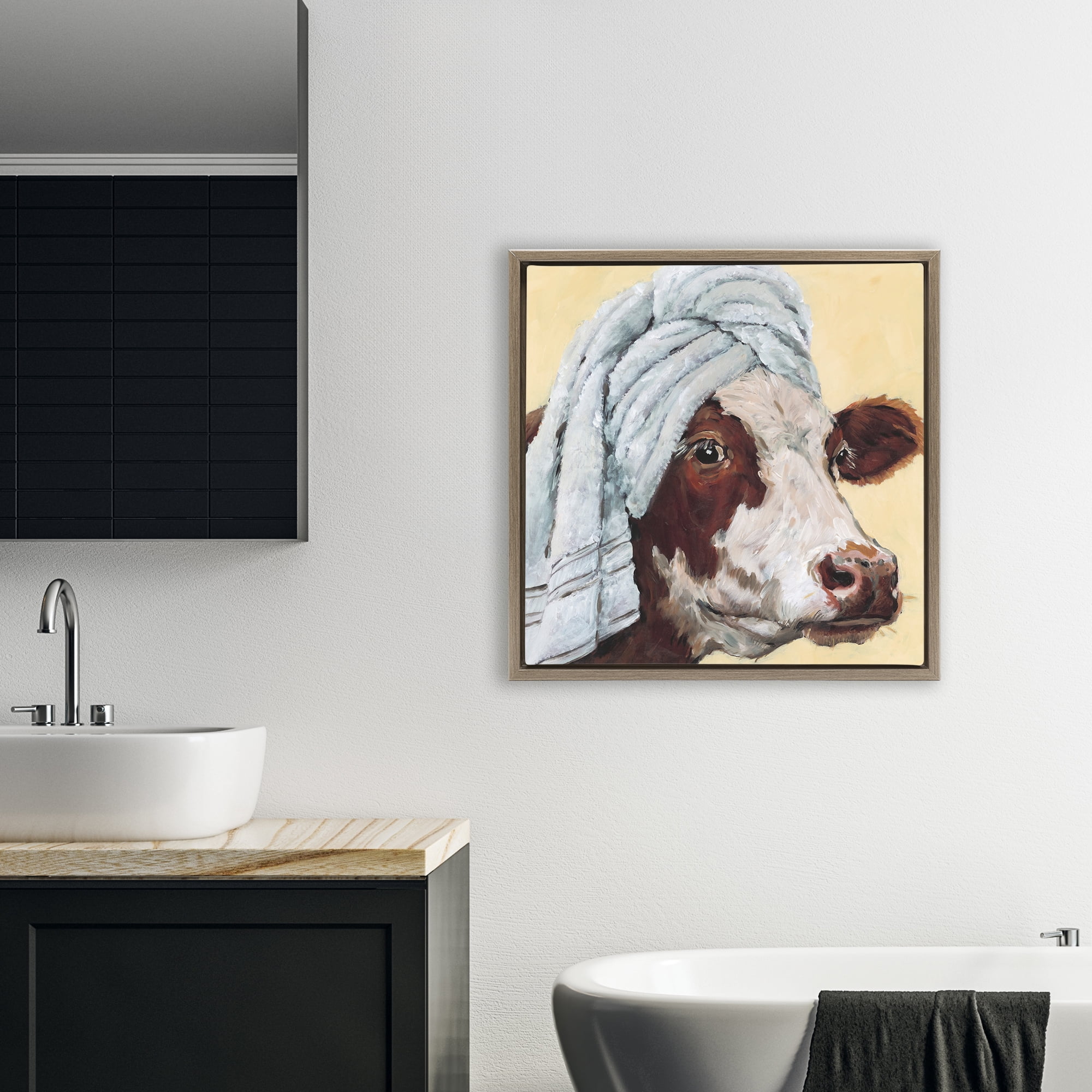 Stupell Industries Cow Spa with Towel Brown Framed Floater Canvas Wall Art, design by Studio Bautista