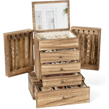 Sfugno Wood Jewelry Box, 5 Layer Jewelry Boxes Women's Gifts, Jewelry Organizer with Mirror & Display for Rings Earrings Necklaces Watches Bracelets,Rustic Brown