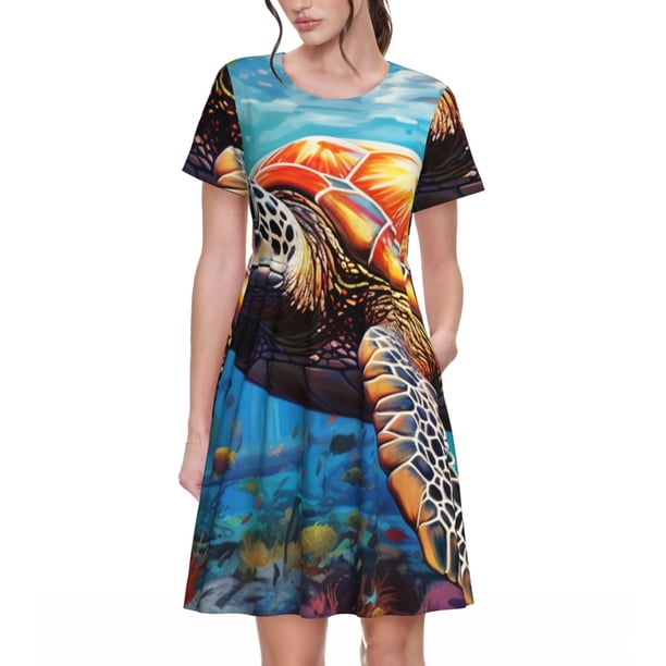 Balery Colorful Underwater Sea Turtle Vestidos sueltos de manga corta para mujer, vestidos de verano 2025, vestidos casuales de corte A con vuelo.