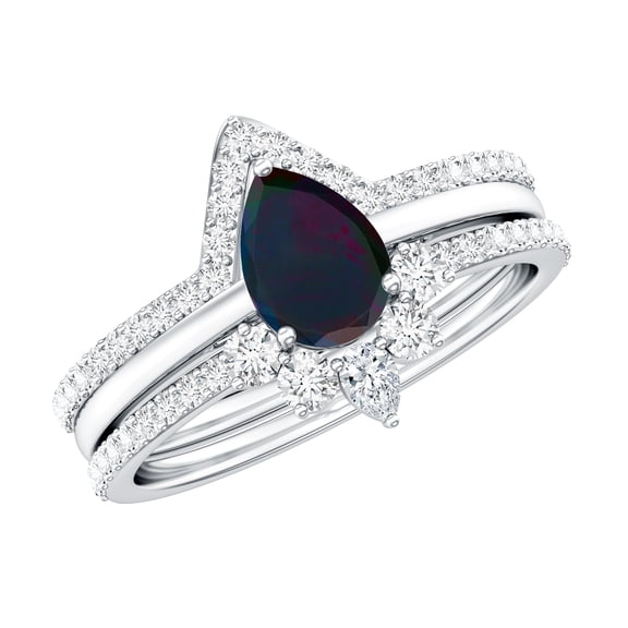 Rosec Jewels Natural Black Opal Bridal Ring Set with Moissanite - 3 Piece Pear Shaped Engagement Ring with Enhancer - AAA Grade, 925 Sterling Silver, US 4.00