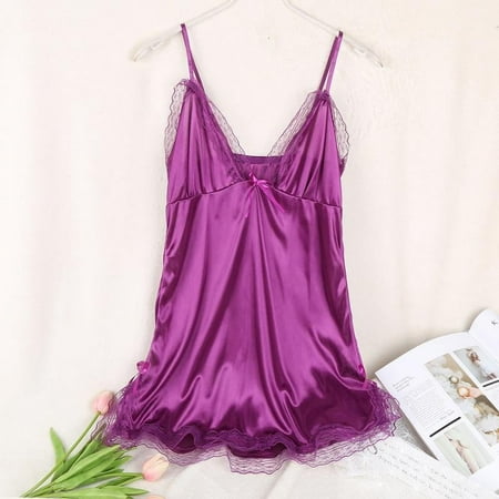 Deepwonder Women Sexy Lingerie Satin Silk Robe Suspenders V-neck Nightgown Dress Babydoll Nightwear Sleepwear