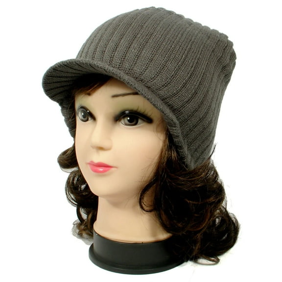 Gray Warm Winter Knit Crochet Braided Baggy Visor Beanie Hat