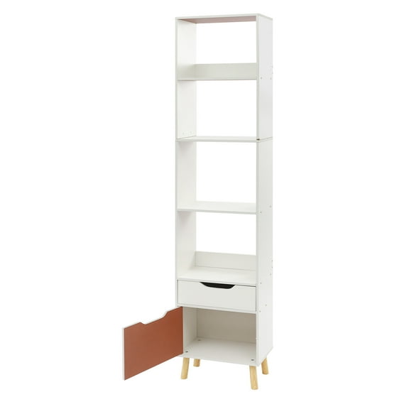 Miumaeov Floor Standing Bookshelf Bookcase Storage Organizer 4 Tier Open Shelves with Drawer & Bottom Cabient