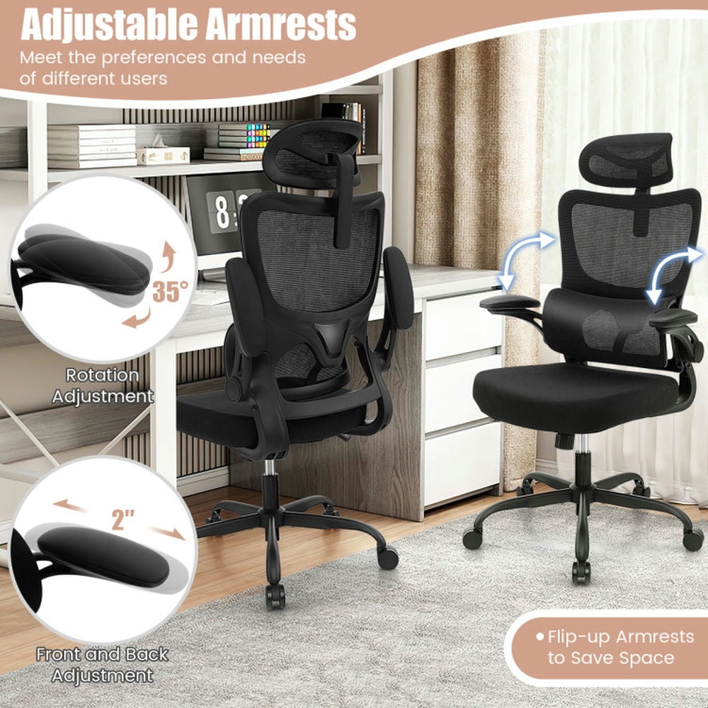 Demi Bonn Mesh Office Chair with Adaptive Lumbar Support Flip-up Armrests, Reclining Backrest, Rolling Work Computer Desk Chair, Black