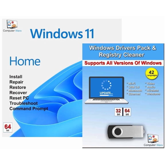 Computer Werx Windows 11 Home 64 Bit USB with Key Install Repair Recover Restore & Drivers Pack, 2 Pack