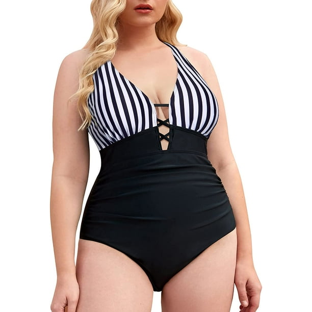 Yonique Women Plus Size One Piece Swimsuit Slimming Tummy Control Bathing  Suits Lace up Plunge V Neck Swimwear, Black & 
