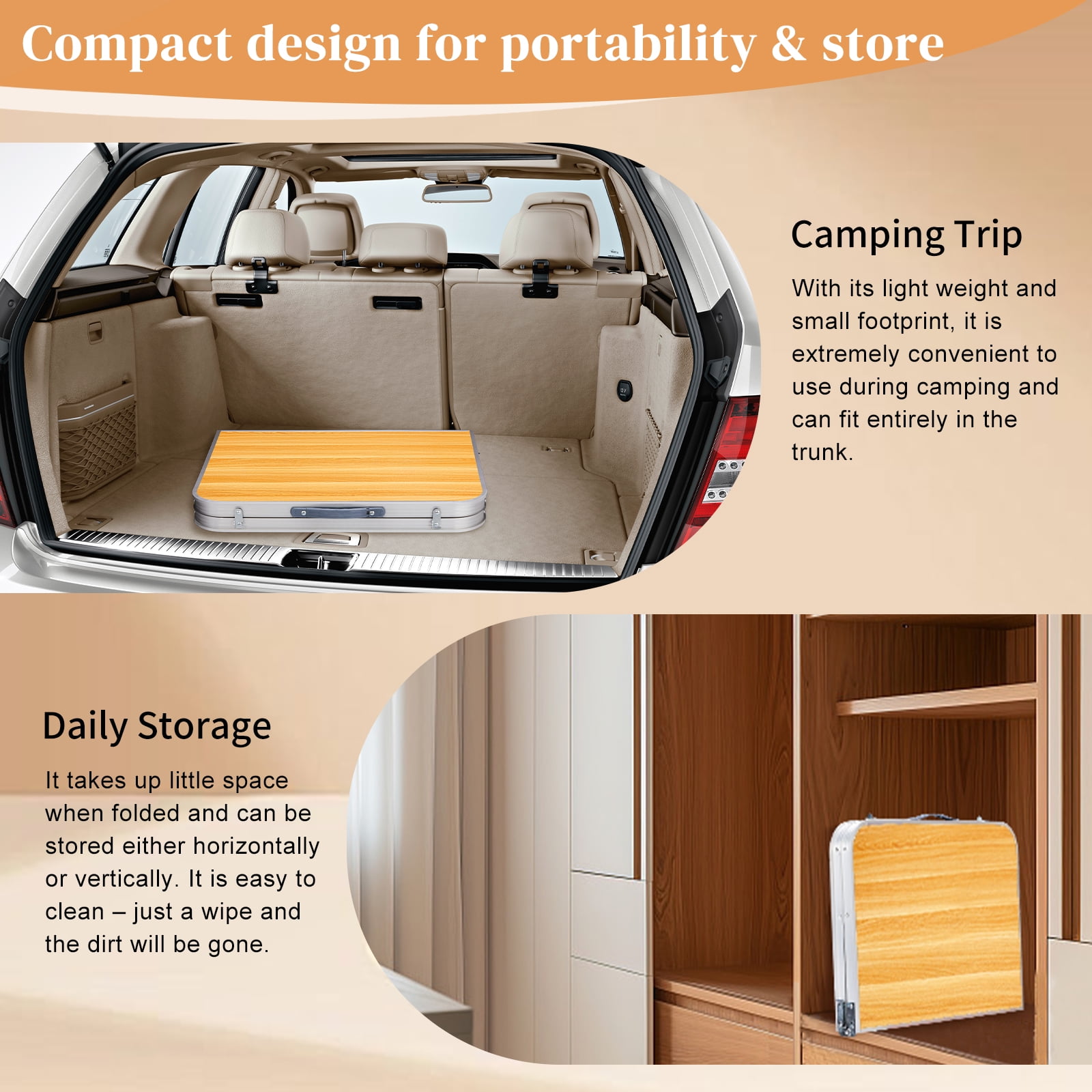3ft Aluminum Alloy Folding Table, Lockable Legs, Portable & Space-Saving for Parties, Camping & More​, Wood Grain