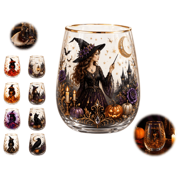 Halloween Witch Glass Cups, Halloween Decor, Halloween Glasses, Halloween Drinking Glasses, 4.2*2.7 Inch Warm Yellow Fall Harvest Witch Designed Stemless Tumbler for Serving Water