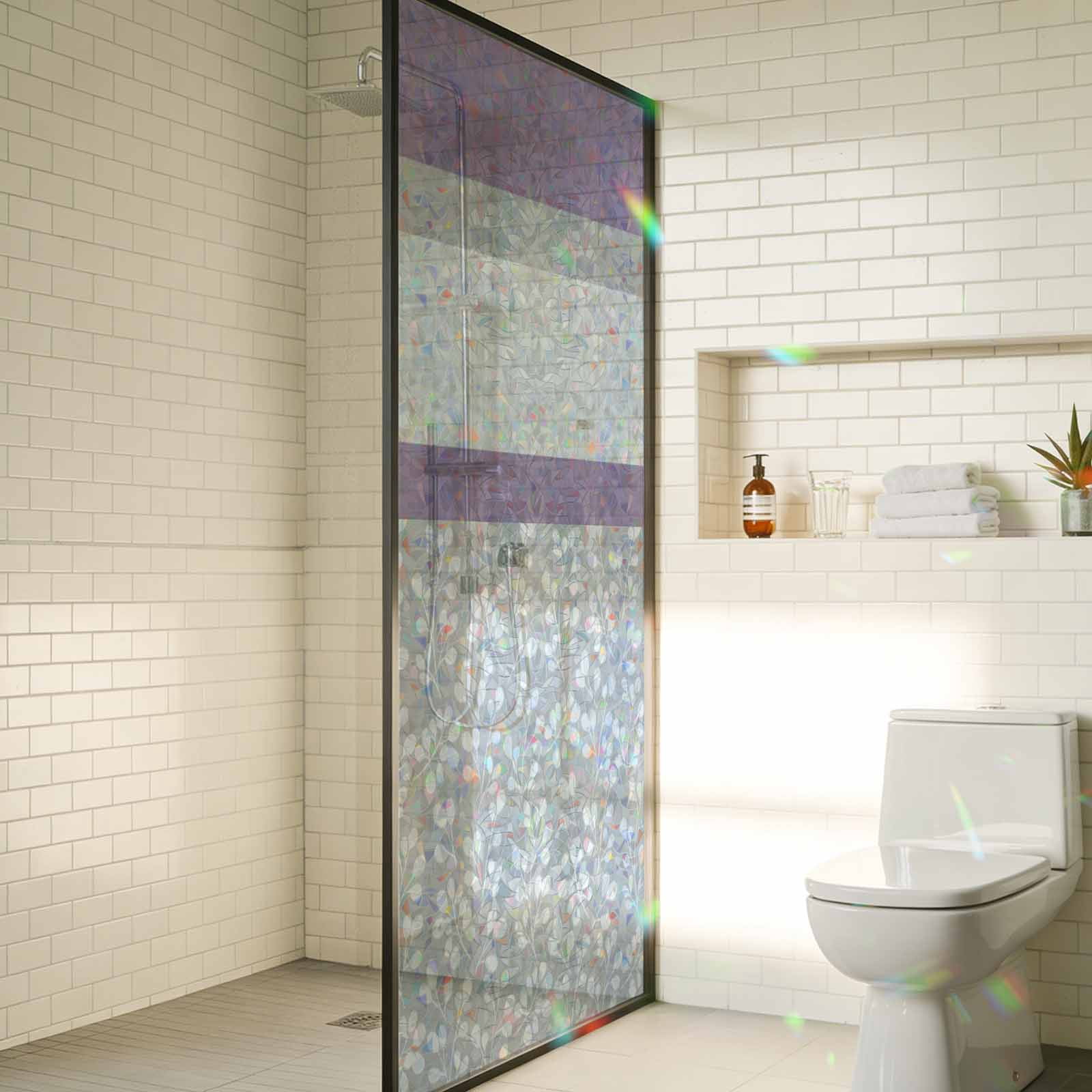 Purple Grey Window Privacy Film Stain Glass,Reusable Decorative Rainbow Window Film,Chic Garden Floral Stripe Aesthetic Flower Static Cling Sun Blocking Stickers Decals Covers 23.6" x 78.7" (2pcs)