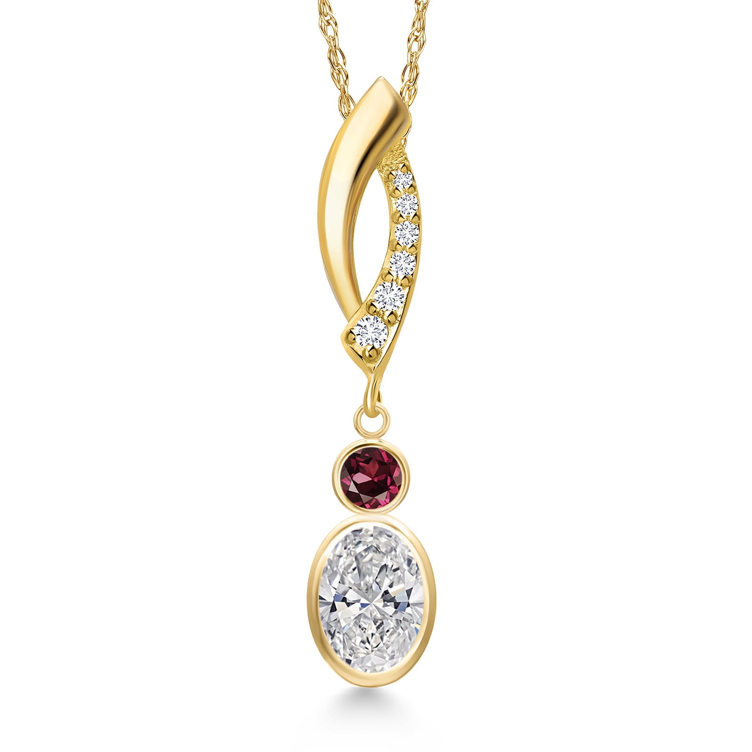 14K Yellow Gold DEF Lab Grown Diamond and Red Rhodolite Garnet and Lab Grown Diamond Pendant Necklace for Women | 0.88 Cttw | Gemstone April Birthstone | Oval 7X5MM | With 18 inch Chain