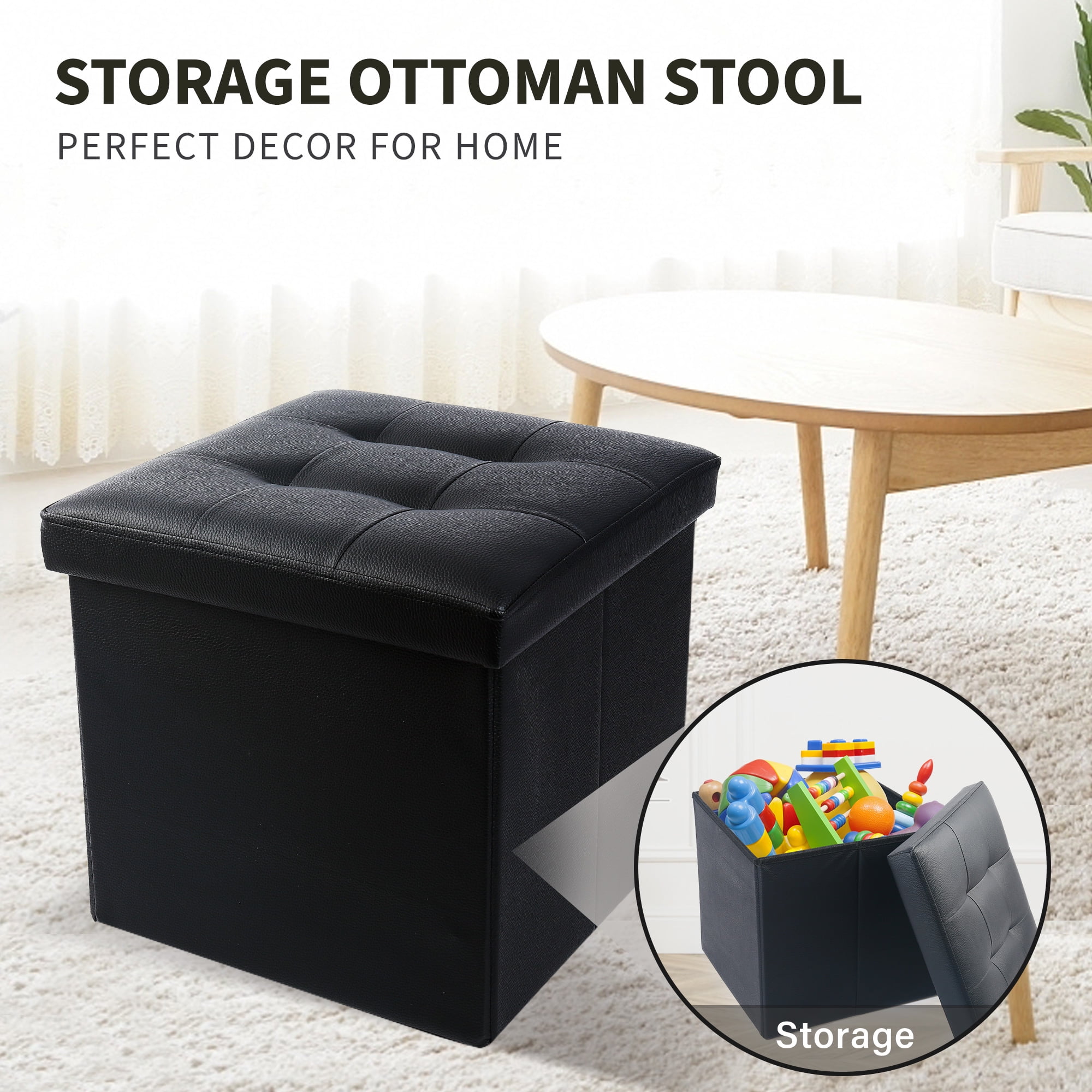 LotFancy 13 in Faux Leather Storage Ottoman Cube,Square Foot Stool Ottoman with Storage,Black