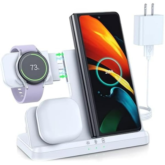 WEEKS Wireless Charger for Samsung Charging Station 3 in 1 Charger for Galaxy Watch Ultra/8/7/6 Classic/5 Pro, S25 Ultra Plus/S24/S23/S22/S21, Z Fold Flip 7/6/5/4/3, Galaxy Buds(White)