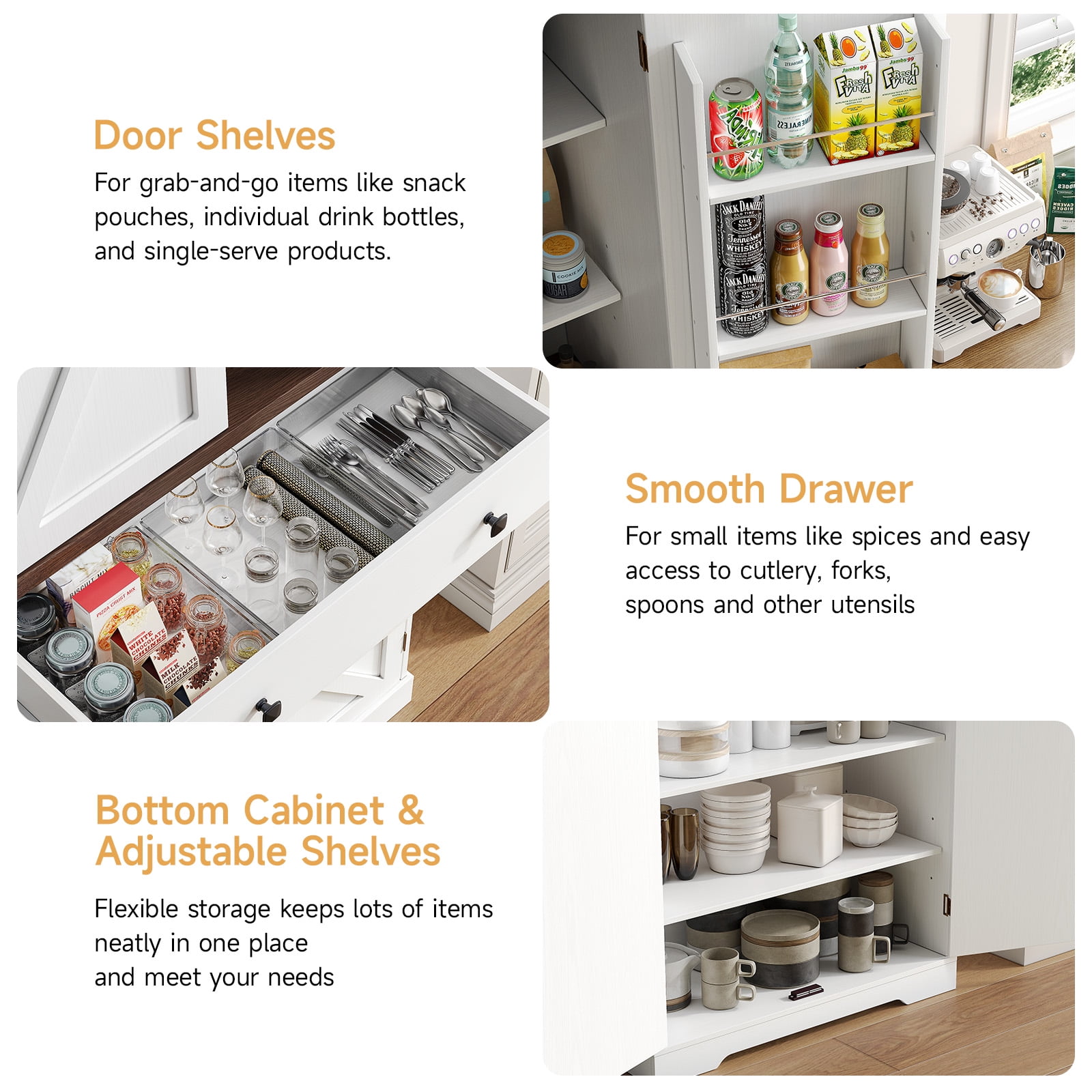 71" Farmhouse Pantry Storage Cabinet with 6 Door Shelves & Drawer, 2 Adjustable Shelves & 4 Barn Doors, Freestanding Cupboard,Off White