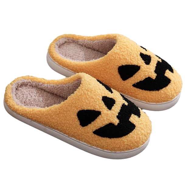 Zapatillas de piel esponjosa para Halloween, acogedoras calabazas, fantasmas, planas, sin cordones, suministros para el hogar
