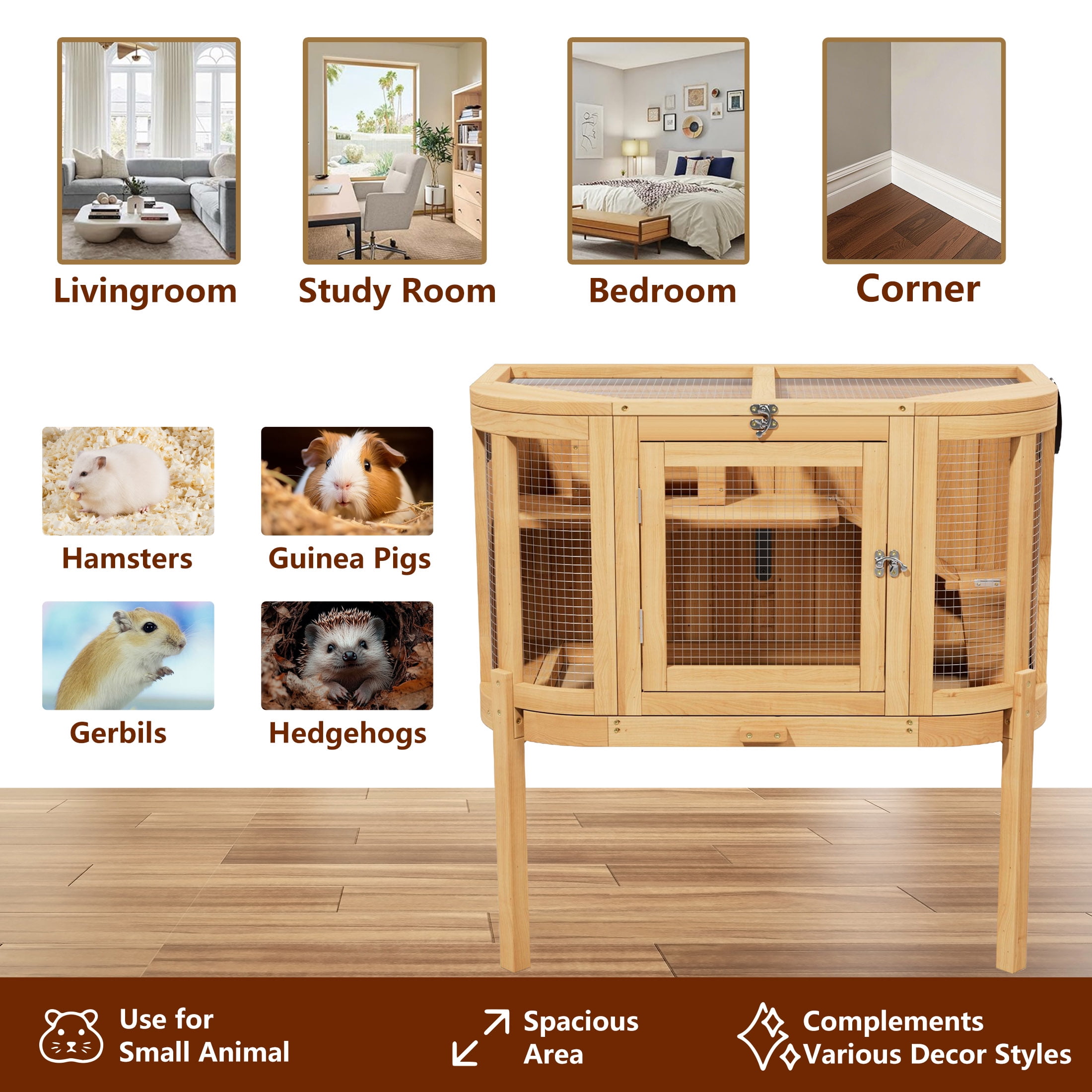 Large Wooden Hamster Cage with Openable Top,Chew Proof Hamsters Enclosure with Detachable Leg Design and Tray,Natural