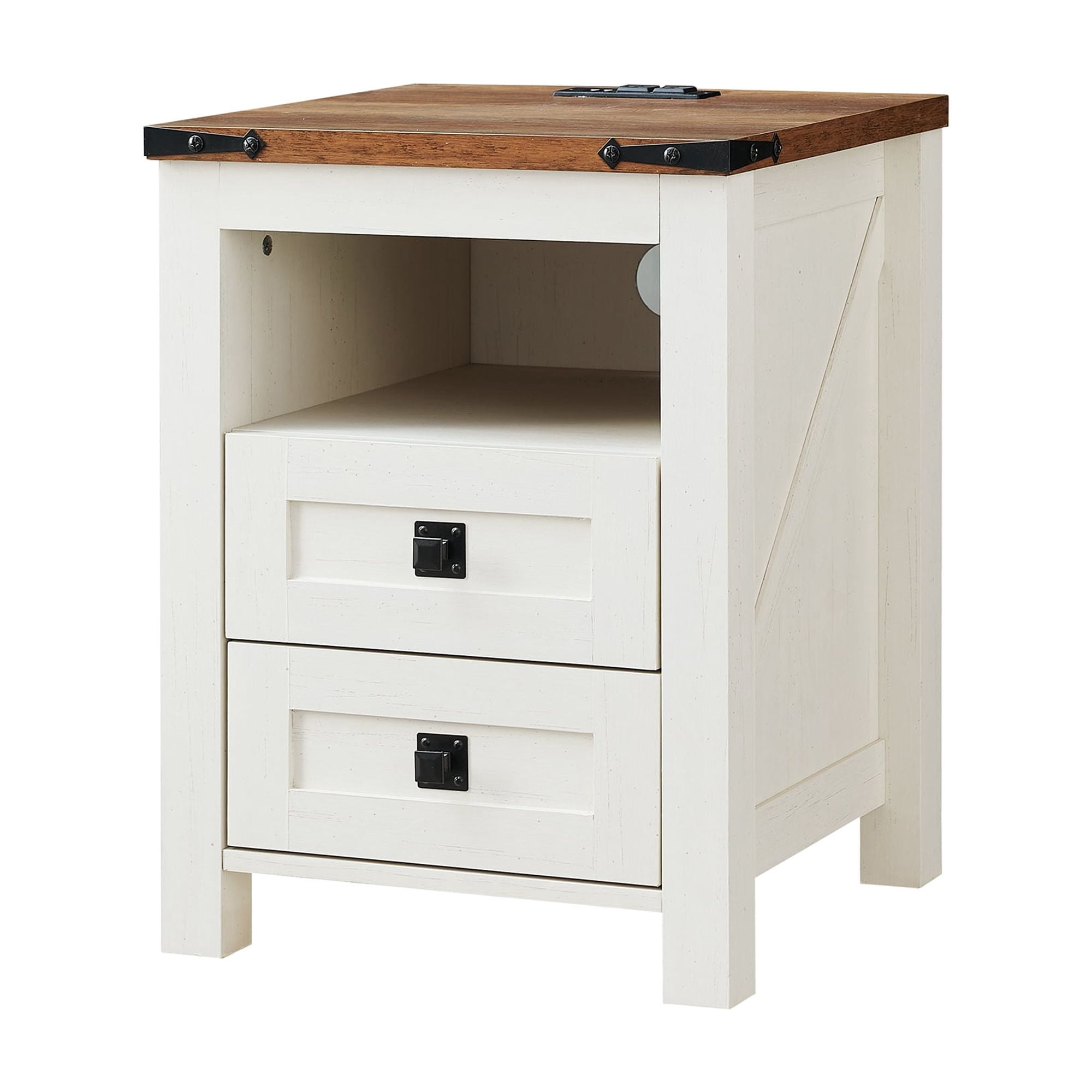 OKD Farmhouse Nightstand with Charging Station for Bedroom, 2-Drawer Rustic End Tables for Living Room, off White