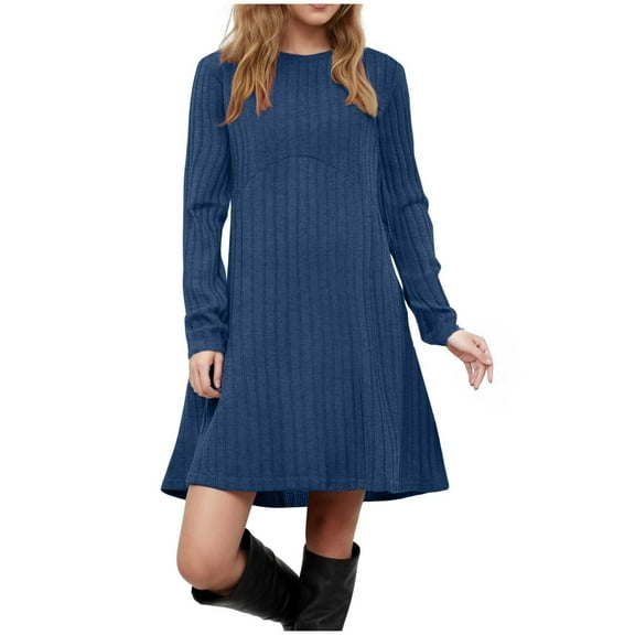 Long Sleeve Dress for Women Crew Neck Empire Waist Tunic Dress with Pockets