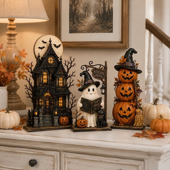 2D 3‑Pack Vintage Halloween Tabletop Figurines, Gothic Haunted House, Reading Ghost & Stacked Pumpkin Ornaments, Spooky Retro Desktop Centerpiece Decor for Mantel, Shelf, Home Autumn Halloween Party