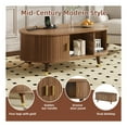 thumbnail image 3 of GDF Studio 42.5" Mid-Century Oval Fluted Coffee Table with Charging Station, Sliding Doors, Walnut, 3 of 7