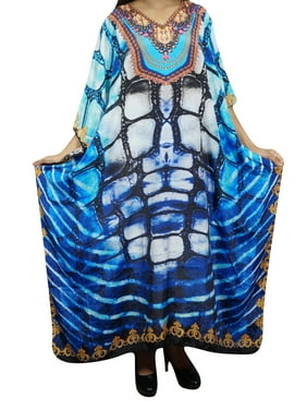 Mogul Women Blue Long Caftan Kimono Printed Summer Resort Wear Cover Up Maxi Dress One SIZE