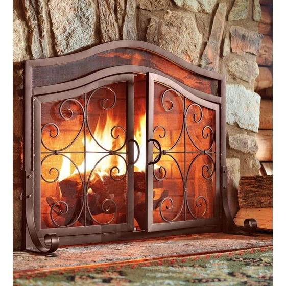 Large Crest Fireplace Fire Screen With Doors