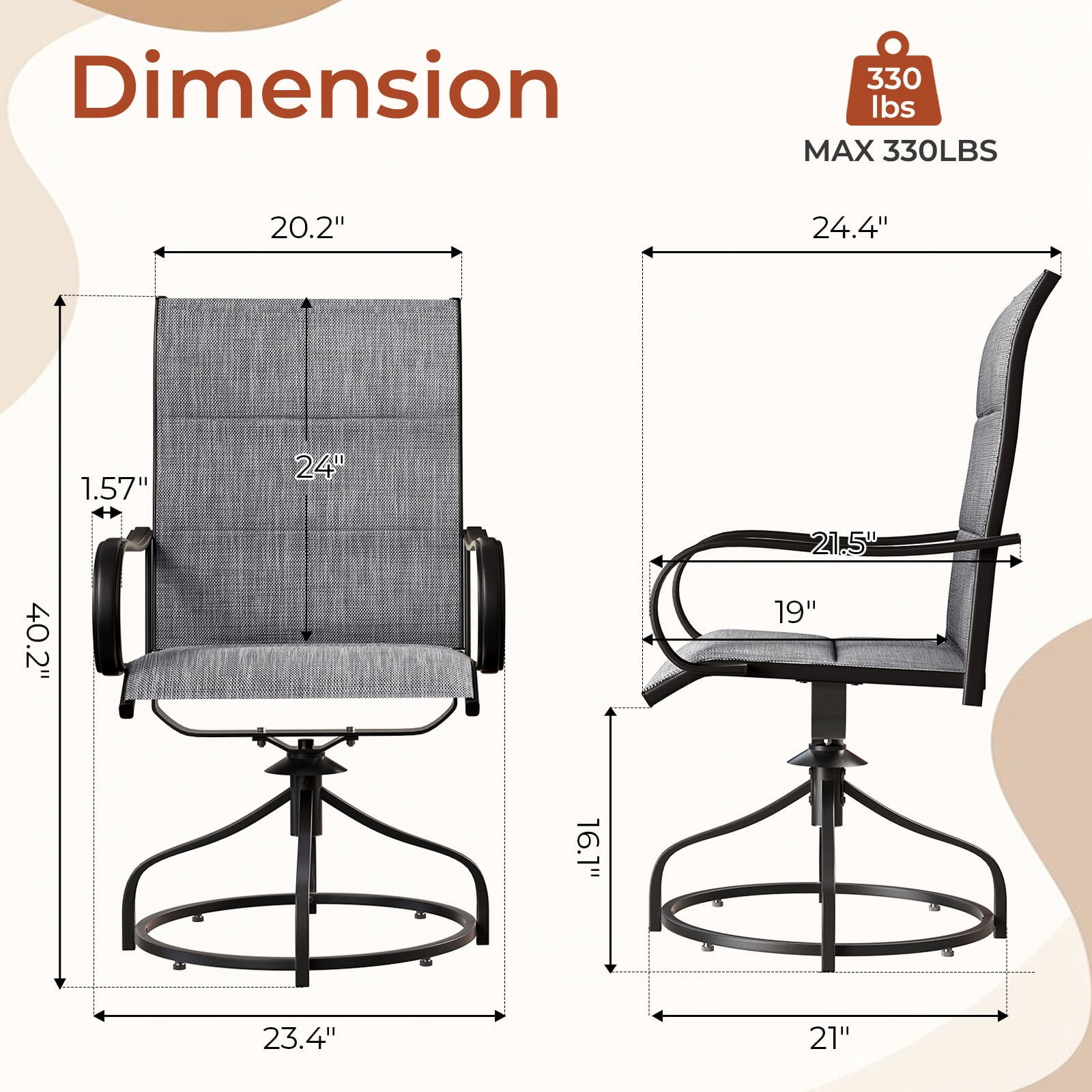 Arlopu Patio Swivel Chair Set of 4, Outdoor Dining Chairs High Back, Padded All Weather Breathable Textilene Outside Furniture Chair, Gray