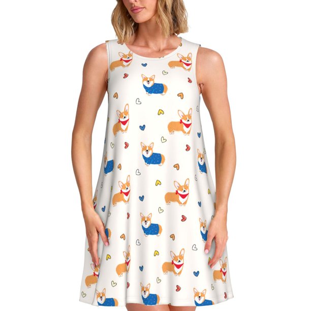 Disketp Corgi Dog And Heart para Vestido sin Mangas para Mujeres, Vestidos de Verano para Mujeres, Casual y Holgado para la Playa