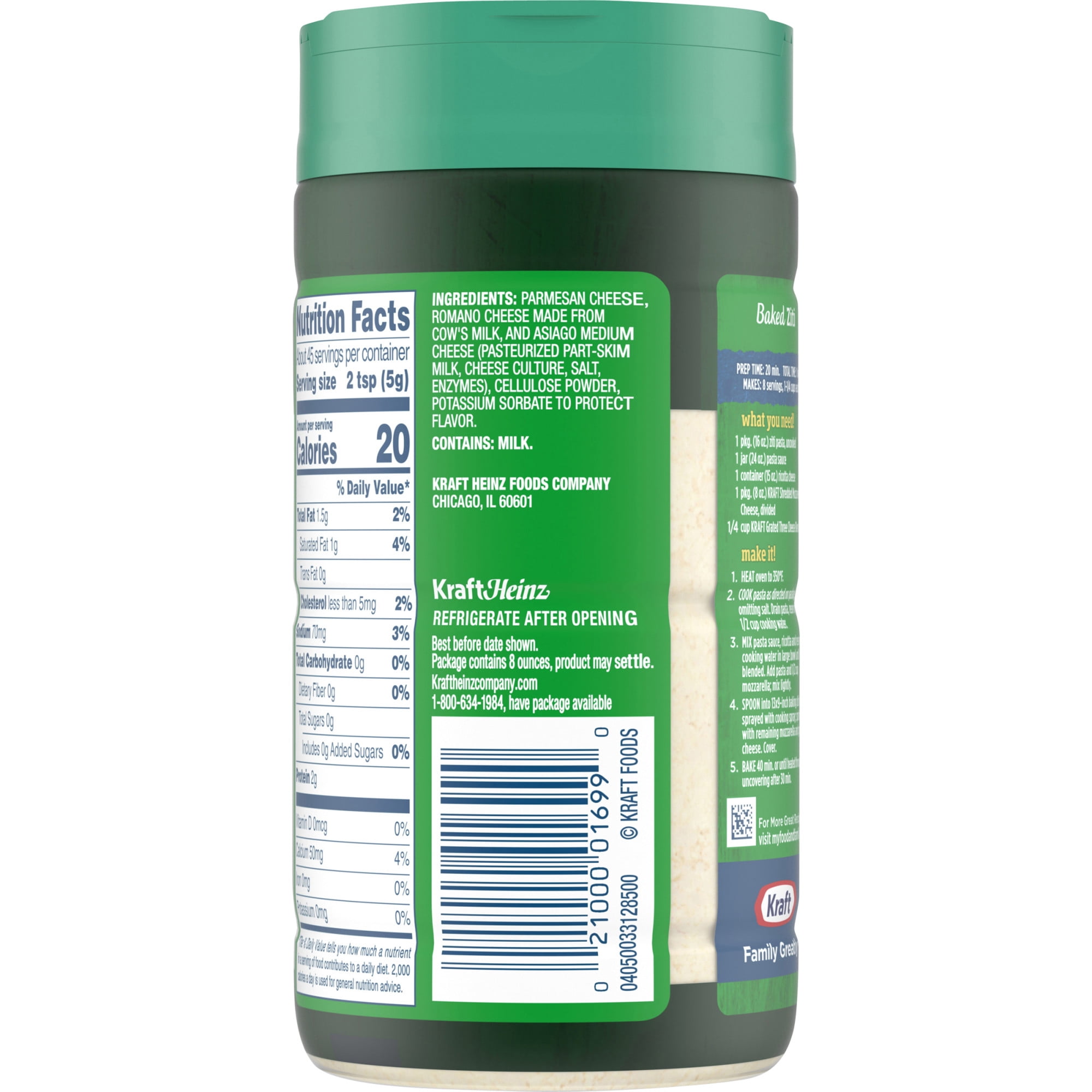 Kraft 100% Grated Three Cheese Blend Shaker, 8 oz Jar