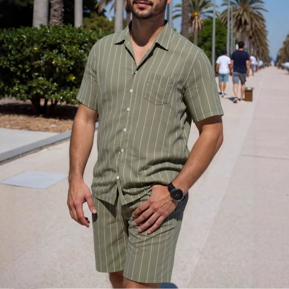Ceisia Men's Linen Blend Striped 2 Piece Outfit Short Sleeve Button Down Shirt And Casual Shorts Set Army Green XL Gift