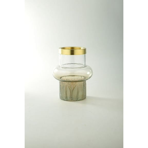CC Home Furnishings 8" Clear and Gold Leaf Pattern Cylindrical Glass Flower Vase