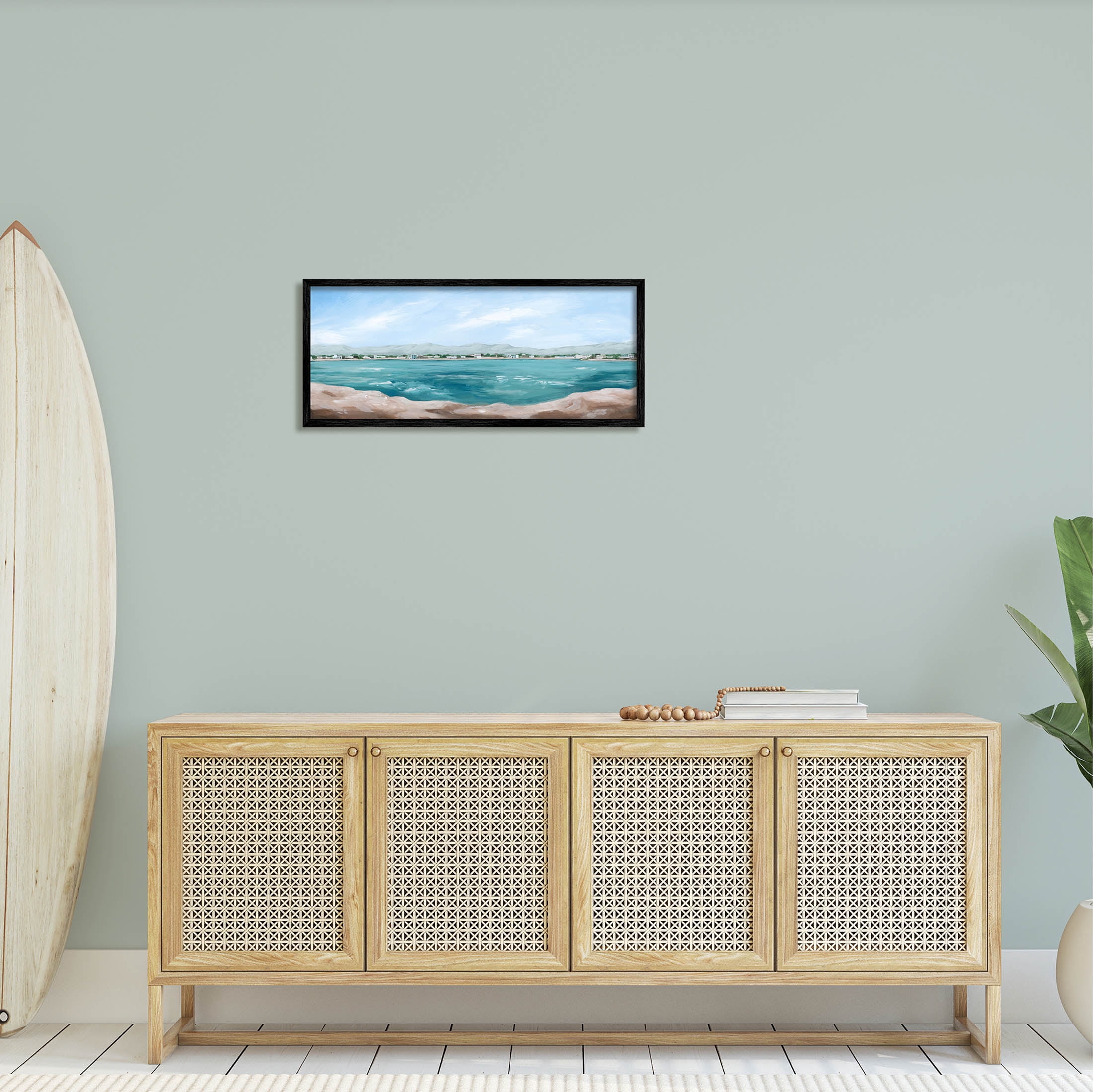 Stupell Industries Panoramic Rocky Ocean View Distant Town Painting Black Framed Art Print Wall Art, Design by Grace Popp