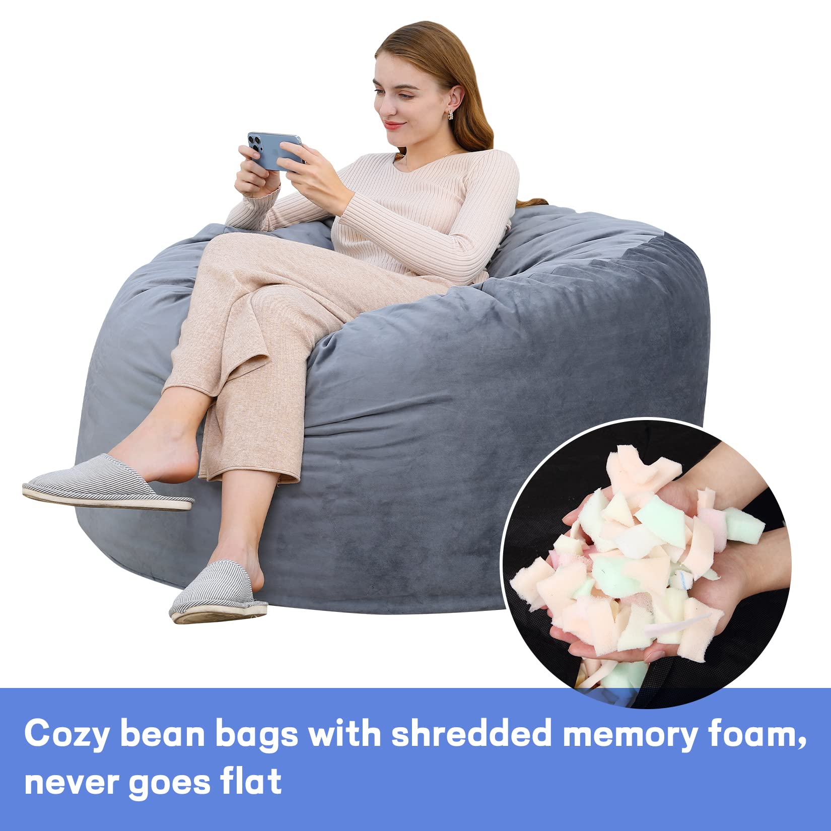4FT Giant Round Bean Bag Chair for Teens & Adults. Velvet Fabric Foam Filled Lazy Sofa. Gami-ng  Sofa Chair Living Room Furniture