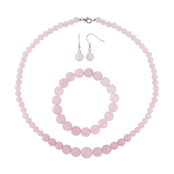 Costume Jewelry Sets for Women Rose Quartz Choker Beaded Necklace Bead Bracelet Earrings Sets 925 Sterling Silver Fashion Jewelry for Women Size 18" Birthday Christmas Gifts