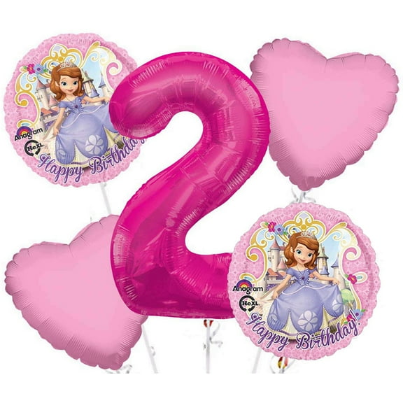Sofia The First Balloon Bouquet 5 pc, 2nd Birthday, Hotpink Number 2 Jumbo Balloon