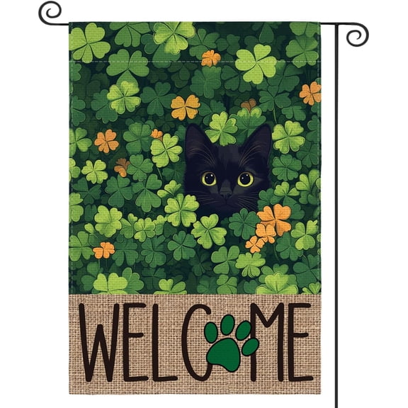 St Patricks Day Garden Flag 12x18 Inch Double Sided Outside, Black Cat Welcome Shamrocks Holiday Yard Outdoor Flag