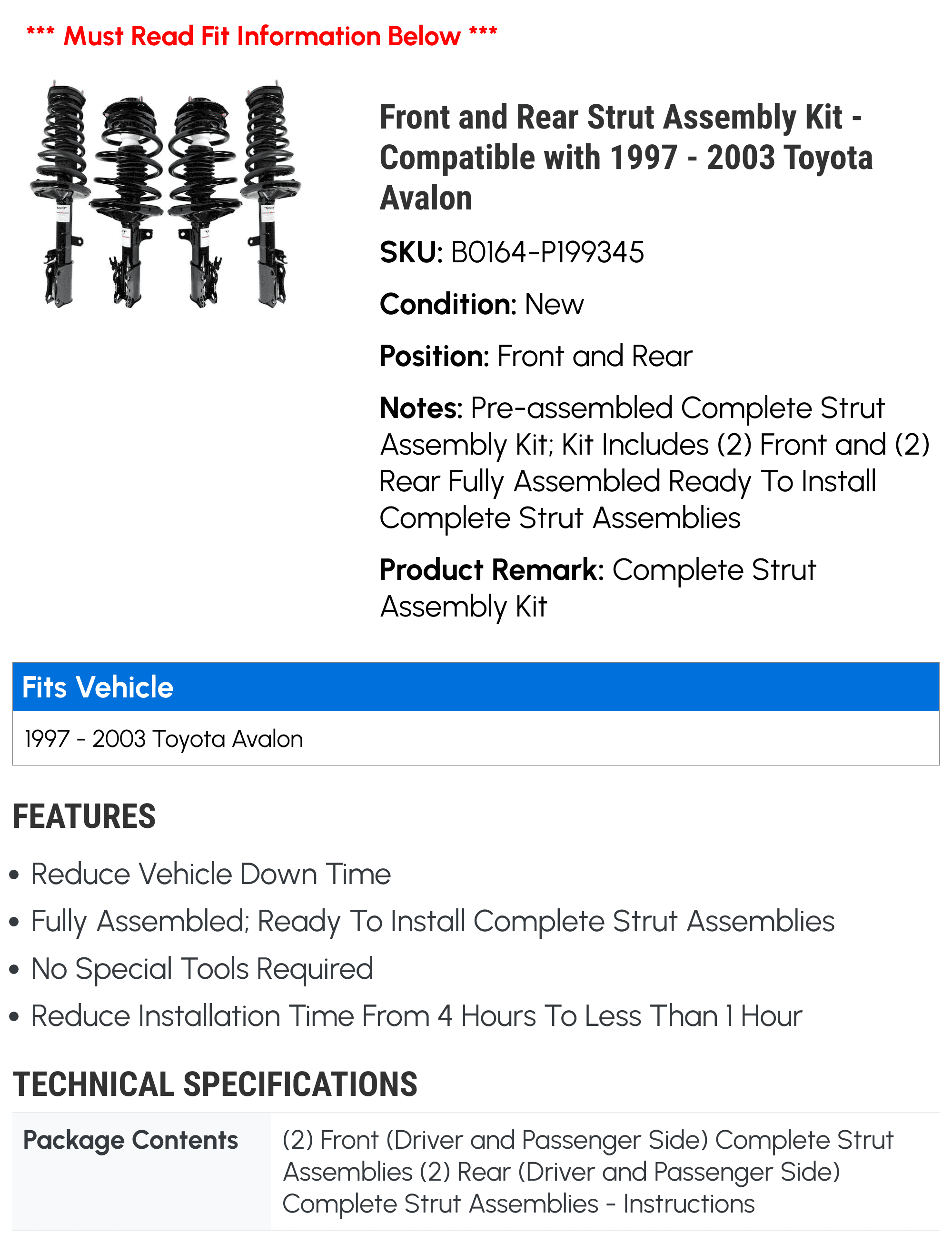 Front and Rear Strut Assembly Kit - Compatible with 1997 - 2003 Toyota Avalon 1998 1999 2000 2001 2002