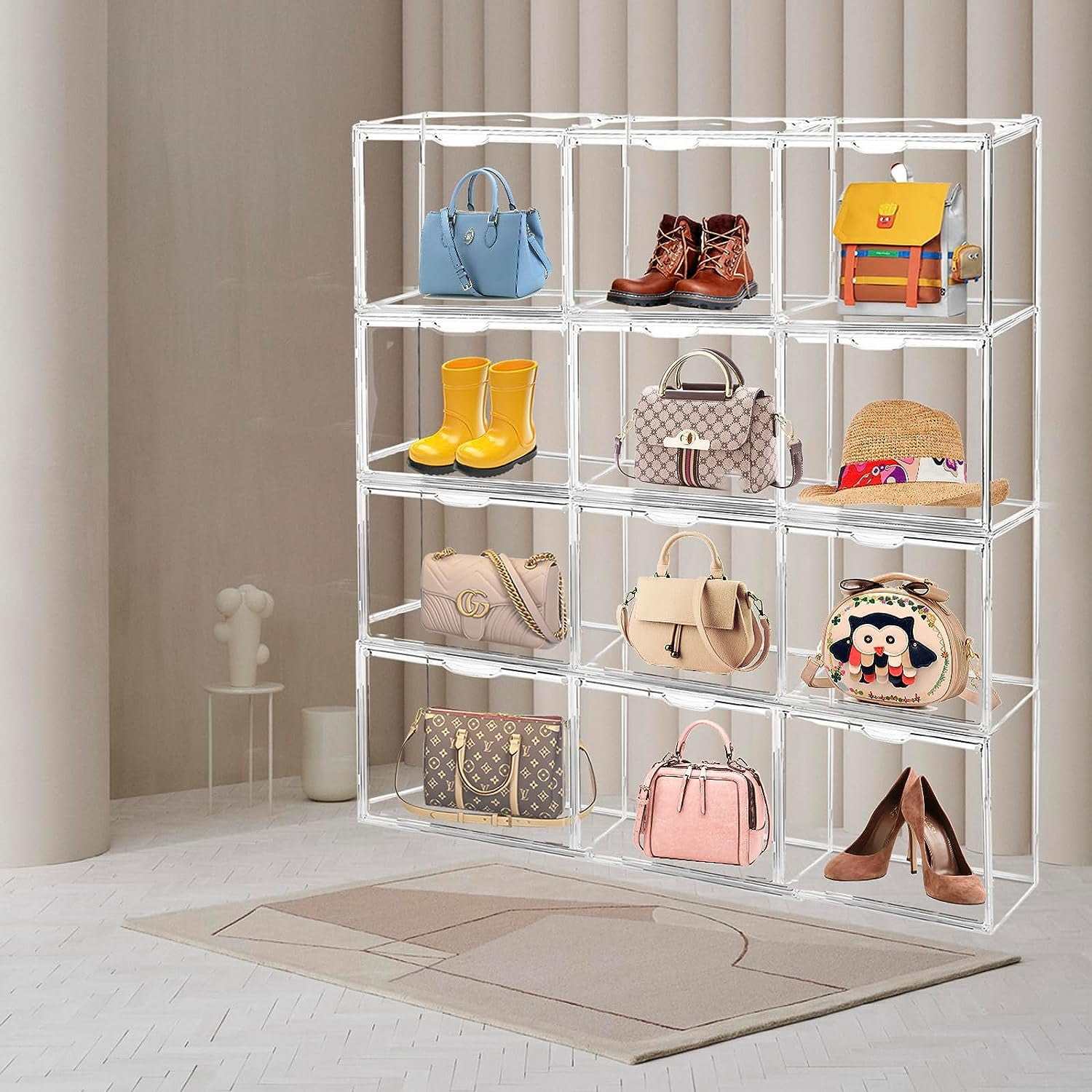 WMM Purse Storage Organizer for Closet, 3 Packs Plastic Acrylic Clear Handbag Purse Shoes Book Figure Toy Display Case, Storage Bins for Cosmetic
