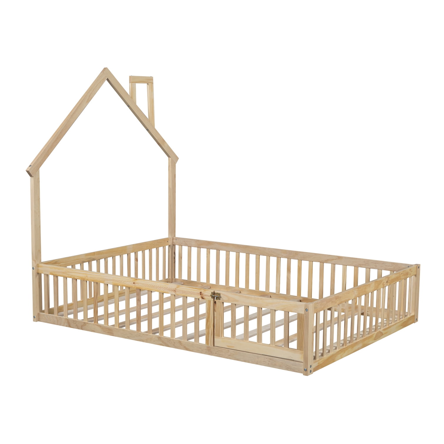 Full Size Floor Bed with Door and Slats,Montessori Floor Bed with Safety Guardrails,House Platform Bed for Girls and Boys,Natural