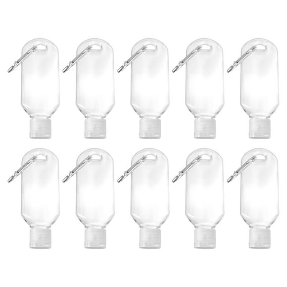 EeaseMX 10 botellas rellenables de 50 ml con gancho para desinfectante de manos, botellas de viaje y envases de alcohol (botellas transparentes con gancho de patrón aleatorio).