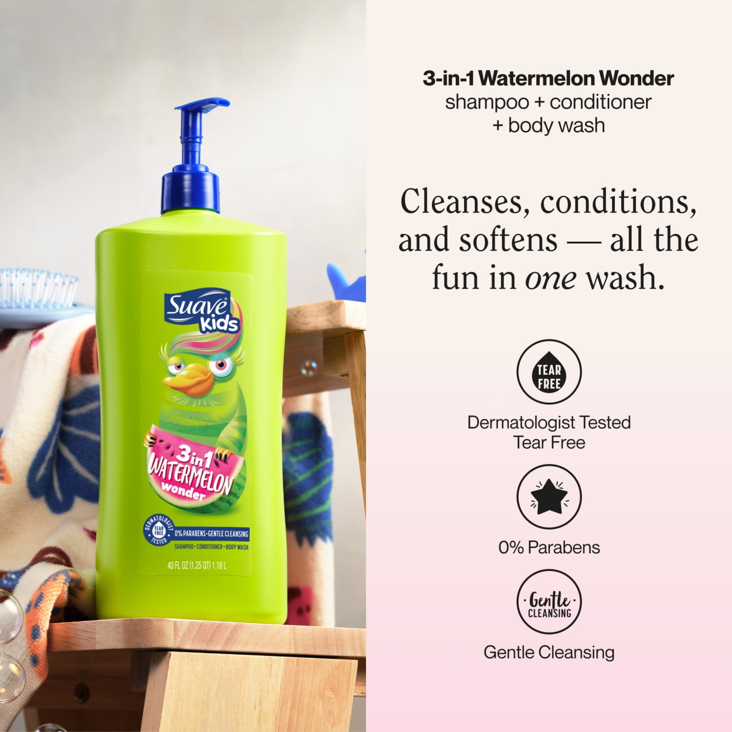 Suave Kids  3 in 1 Watermelon Wonder Shampoo, Conditioner & Body Wash, 40 FL OZ Pump