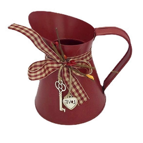 Jarrón de flores, cubo, lazo, colgante de corazón, lata, estilo rústico de granja, jarra para centros de mesa, jarra de hierro campestre, maceta-B