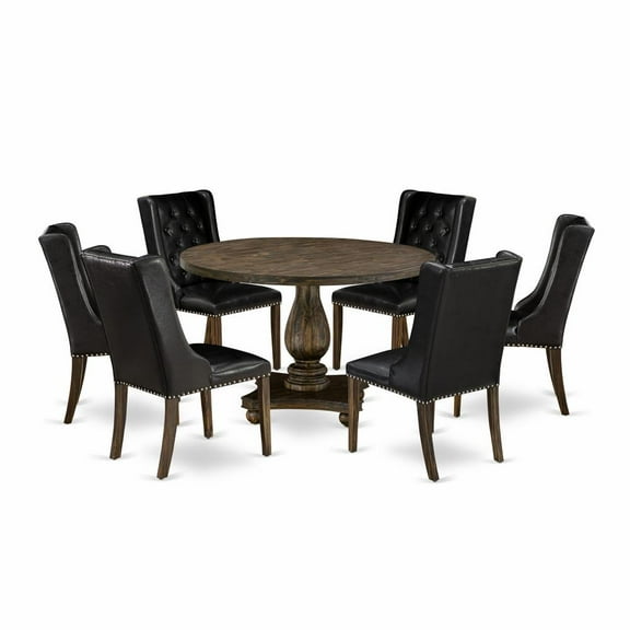East West Furniture 7 Piece Dinette Set Contains a Dining Table and 6 Black PU Leather Mid Century Dining Chairs with Button Tufted Back - Distressed Jacobean Finish